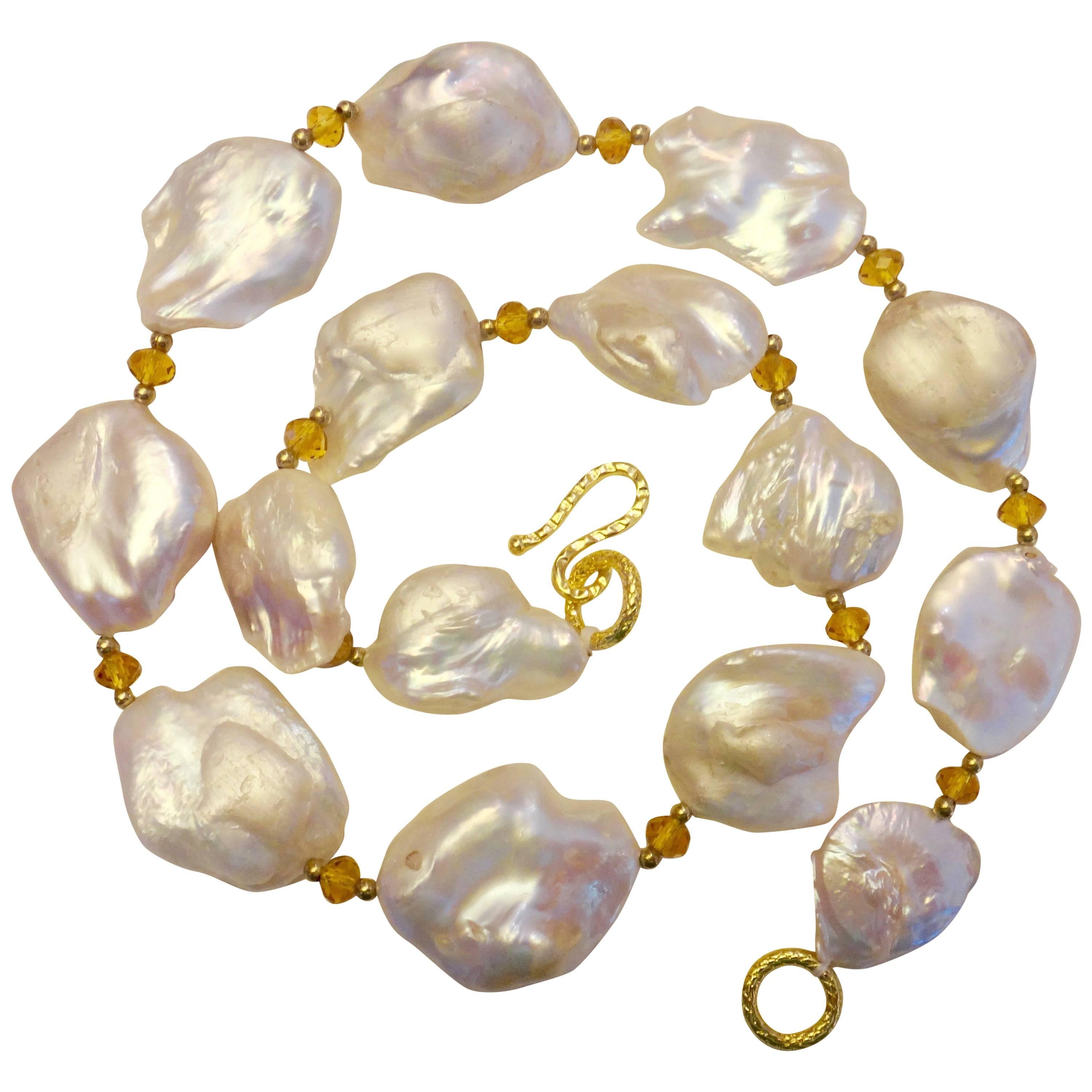 Michael Kneebone White Baroque Keshi Pearl Citrine Gold Necklace