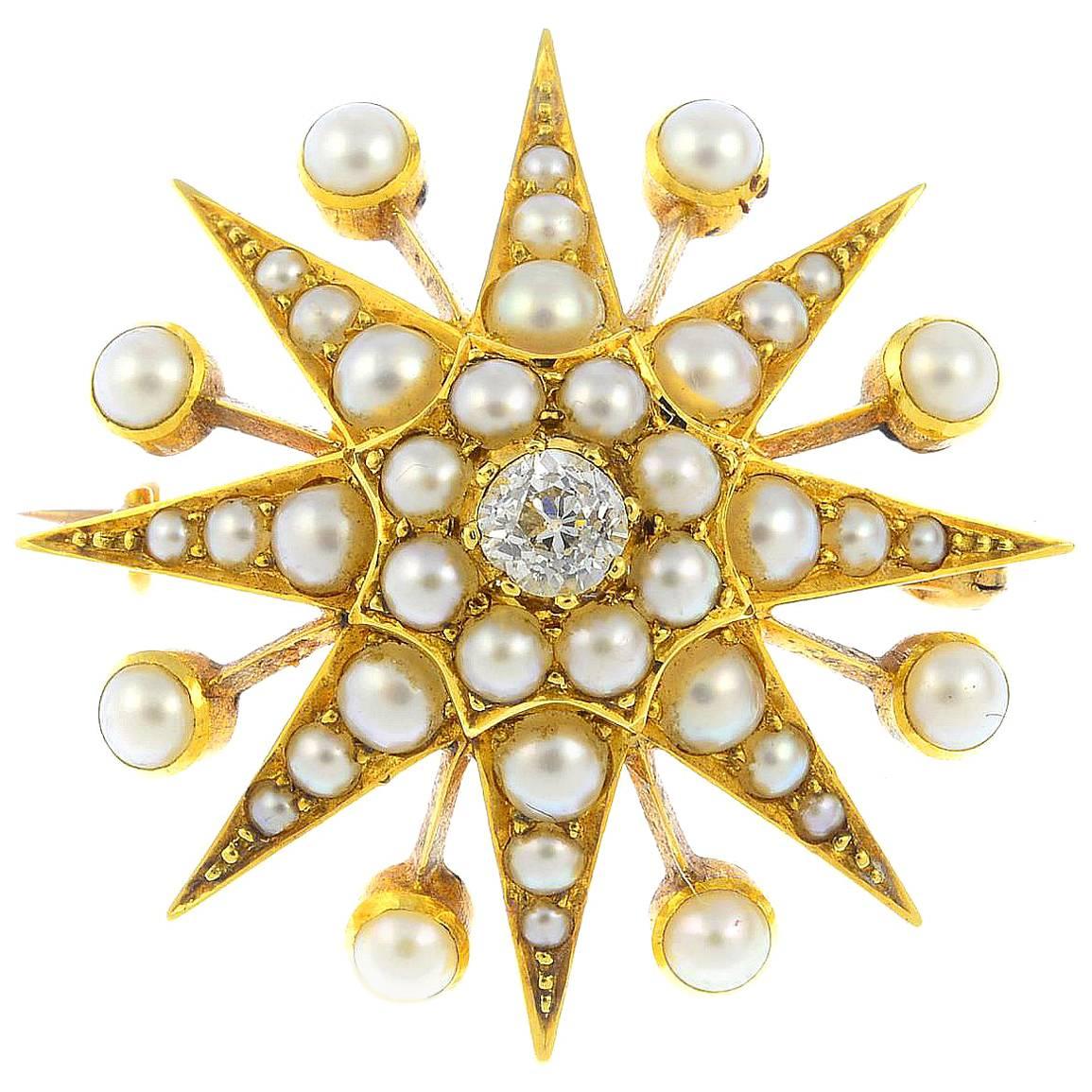 15K Late Victorian Diamond and Split Pearl Star Brooch or Pendant 