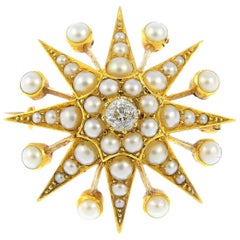 15K Late Victorian Diamond and Split Pearl Star Brooch or Pendant 