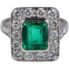 Late Art Deco 2.10 Colombian Emerald 1.80 Diamond G VVS1 Quality Ring