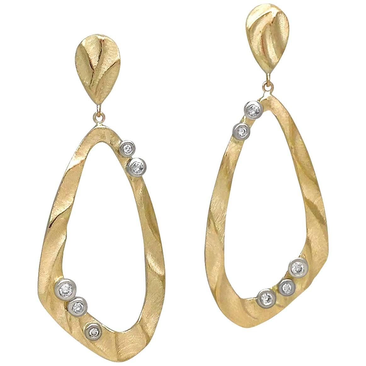 14 Karat Yellow and White Gold Open Drop Earrings with 0.18 Carat Diamonds For Sale