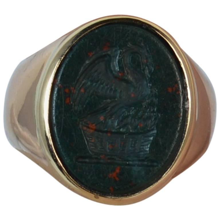 Antique 15 Carat Rose Gold Bloodstone Dragon Intaglio Signet Ring