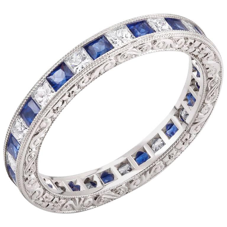Diamond Alternating Sapphire Eternity Hand Engraved Ring Weighing 2.50 Carat 