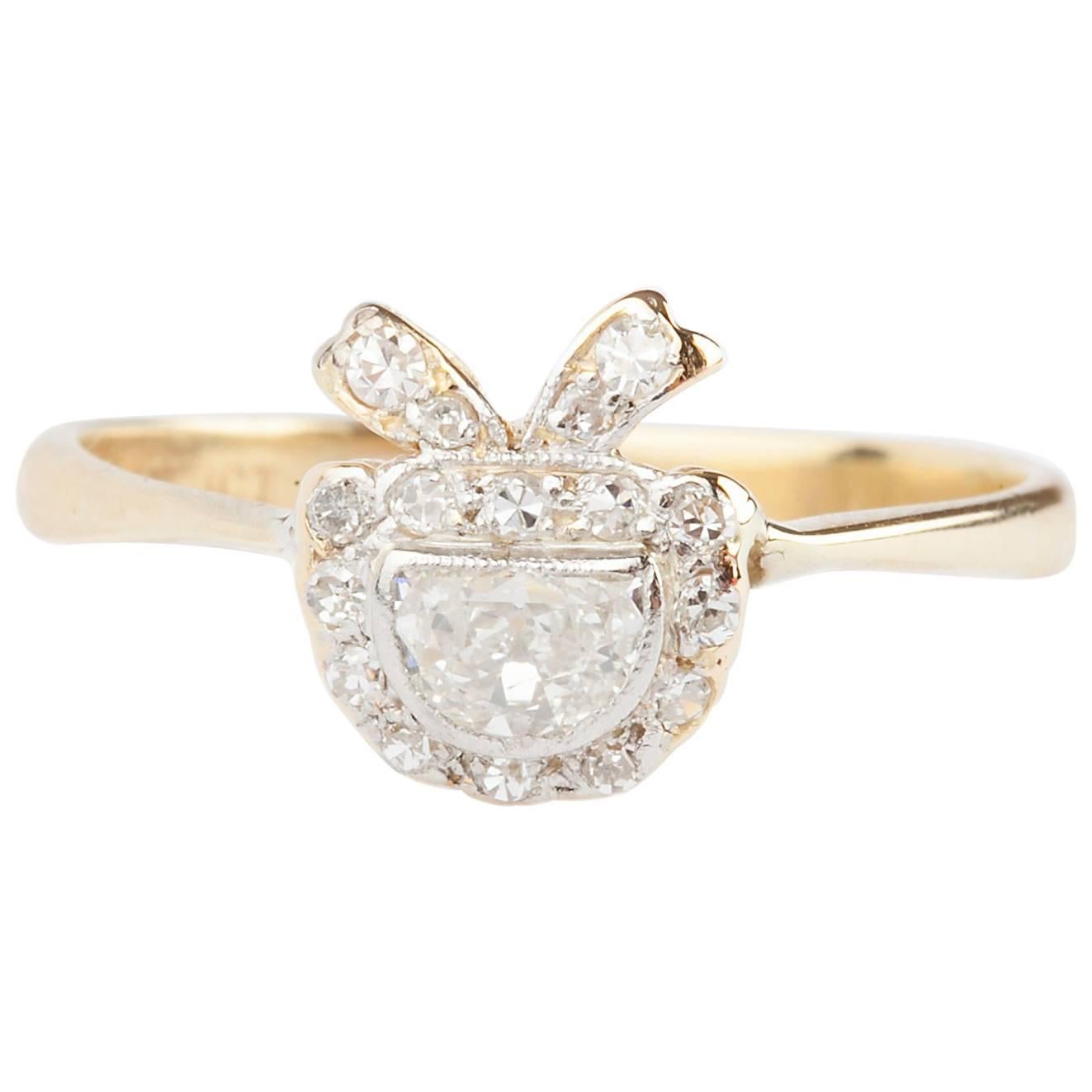 Edwardian Demilune Diamond Bow Ring Platinum and 18 Karat Gold For Sale