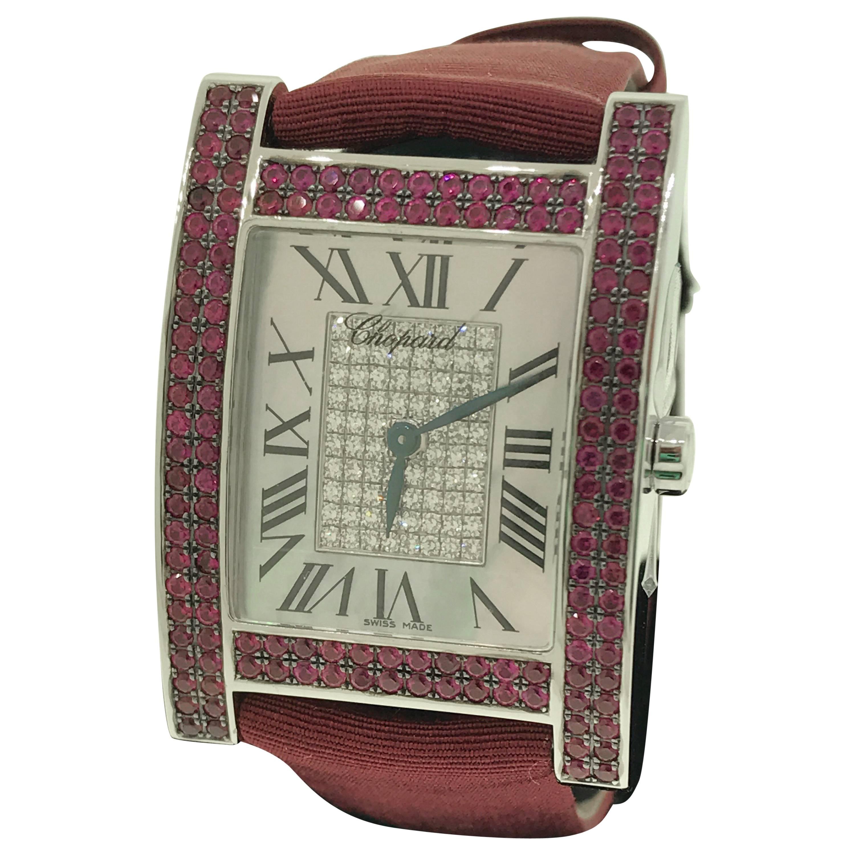 Chopard H White Gold Rubies and Diamonds Satin Band Ladies Watch 17/3451 For Sale