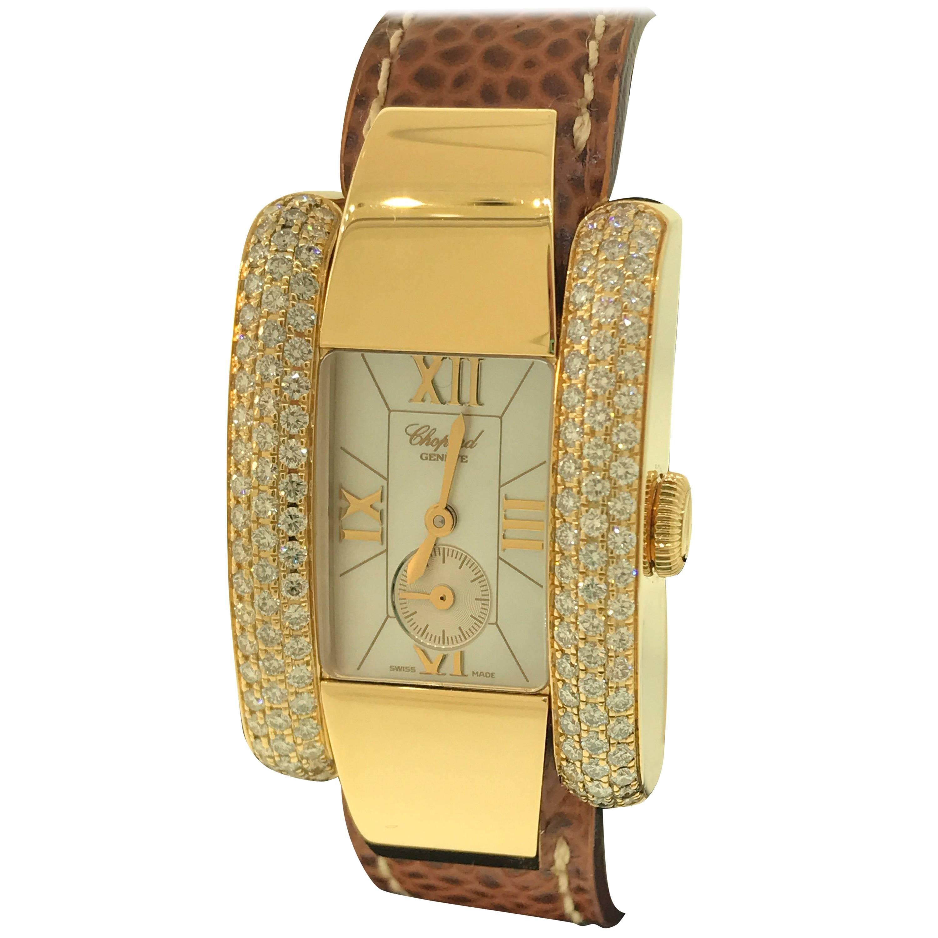 Chopard La Strada Yellow Gold and Diamond Leather Band Ladies Watch For Sale