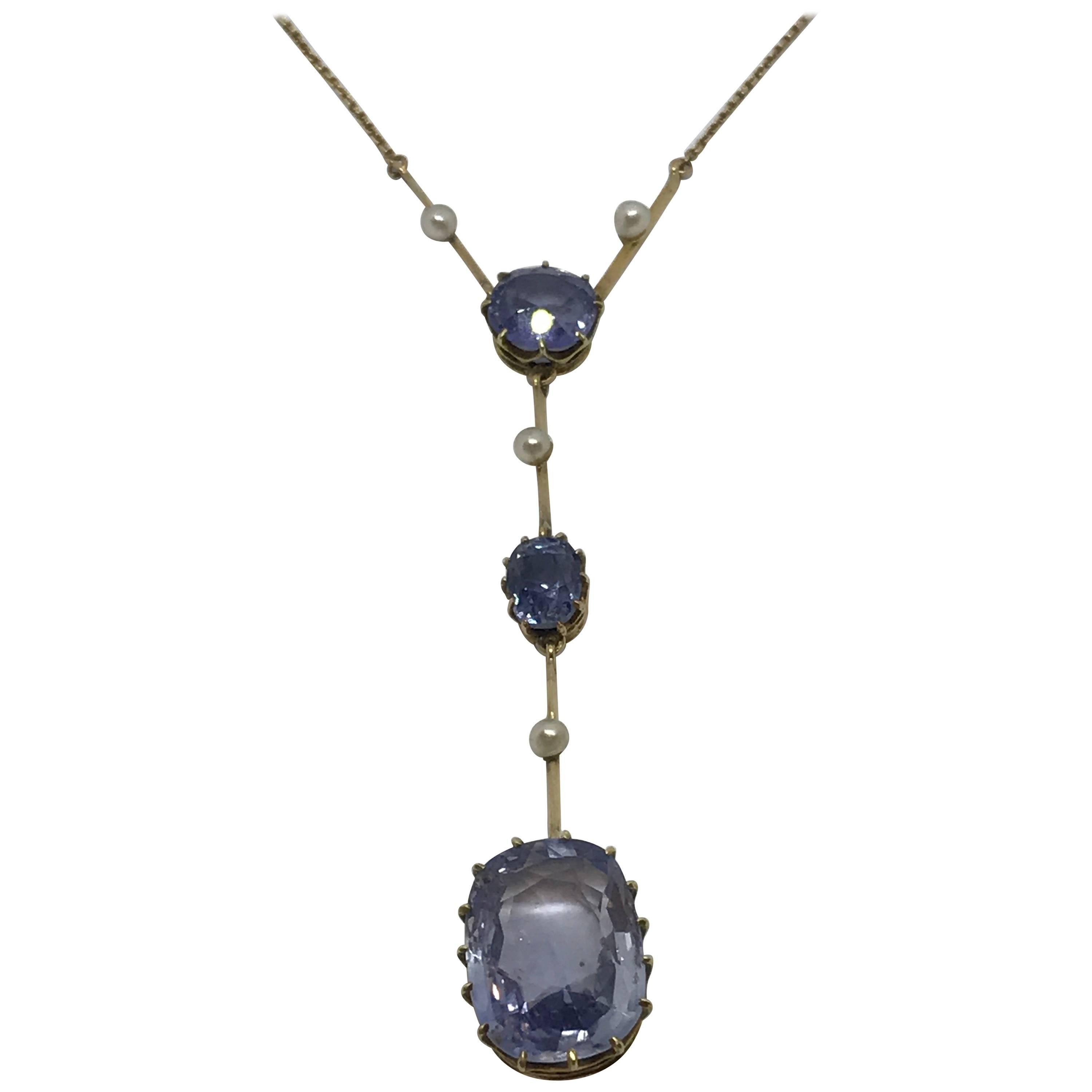 Edwardian Natural Unheated Ceylon Sapphire and Pearl Necklace, circa 1910 For Sale