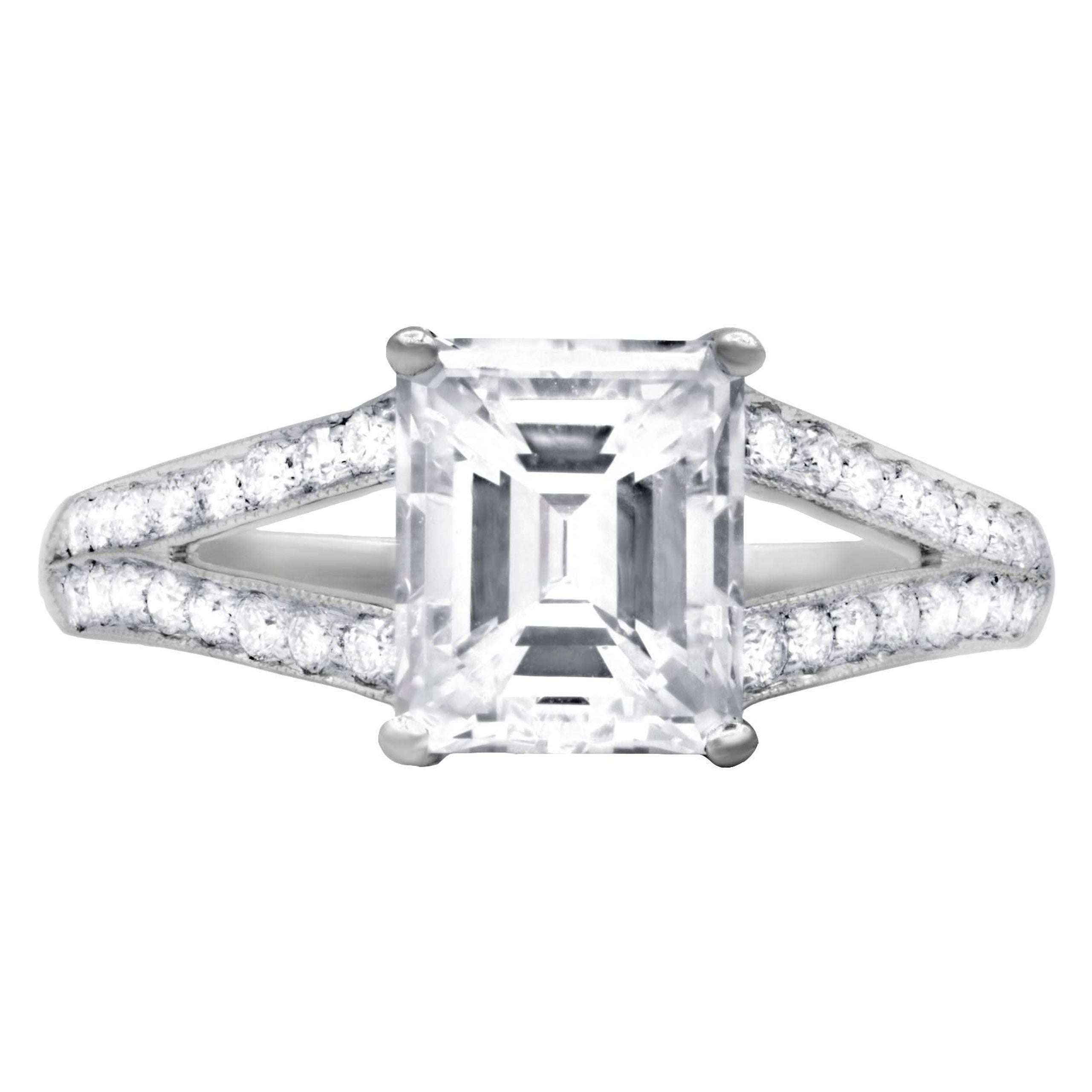 Diana M GIA Certified 2.00 CTTW Emerald Cut Diamond Double Shank Platinum Ring