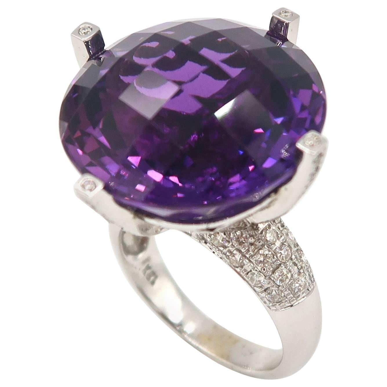 Large 26.84 Carat Amethyst Diamond Cocktail White Gold Ring For Sale