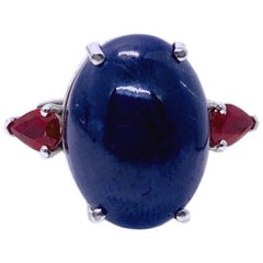 16.60 Carat Natural Oval Sapphire Cabochon Diamond Ruby Cocktail Ring