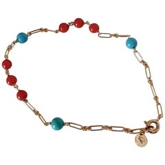 Red Coral Turquoise Bead Handmade Gold Bracelet