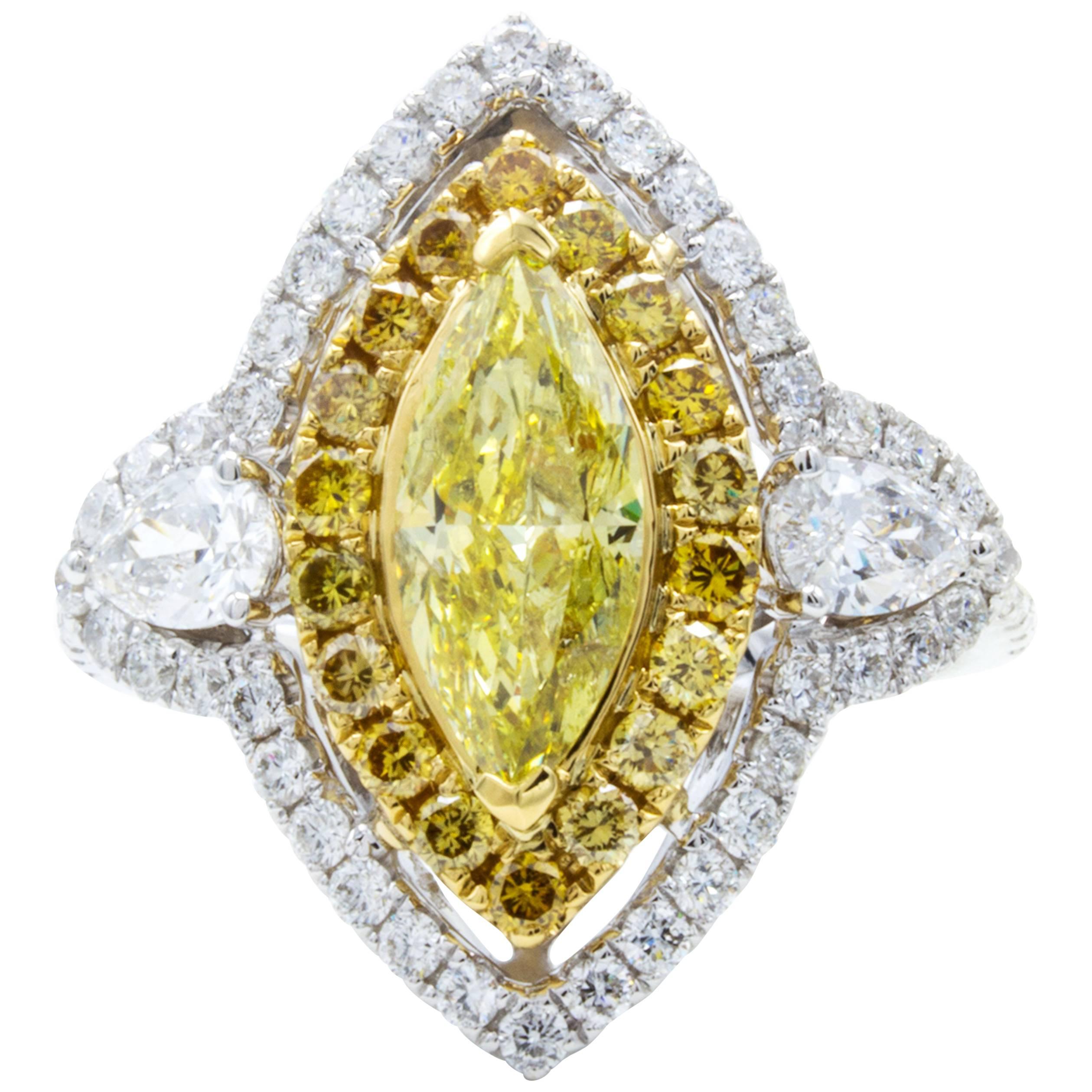 David Rosenberg .93 Carat FIY GIA Marquise Halo Three-Stone Diamond Ring