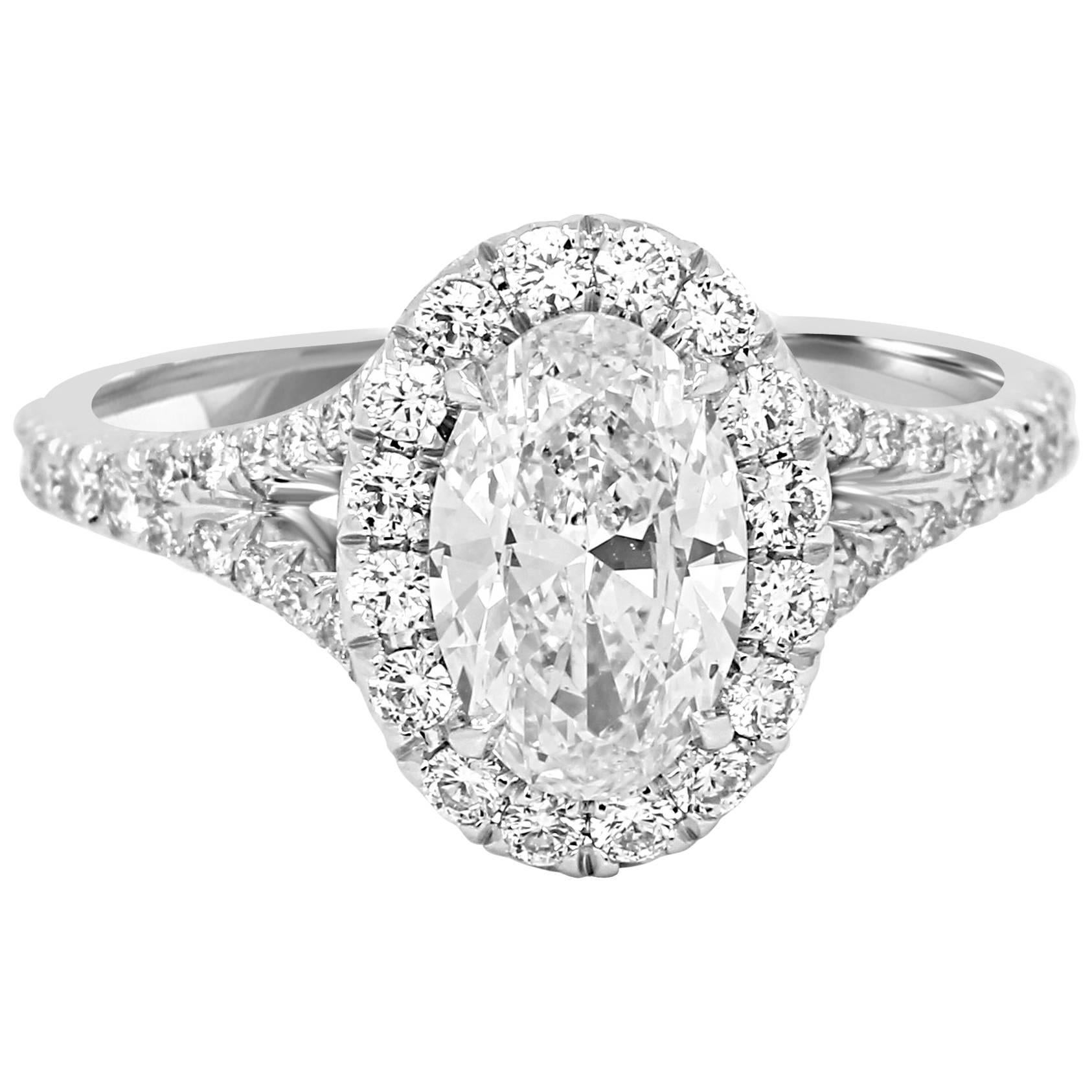 GIA Certified 1.12 Oval Diamond Halo Platinum Gold Bridal Engagement Ring
