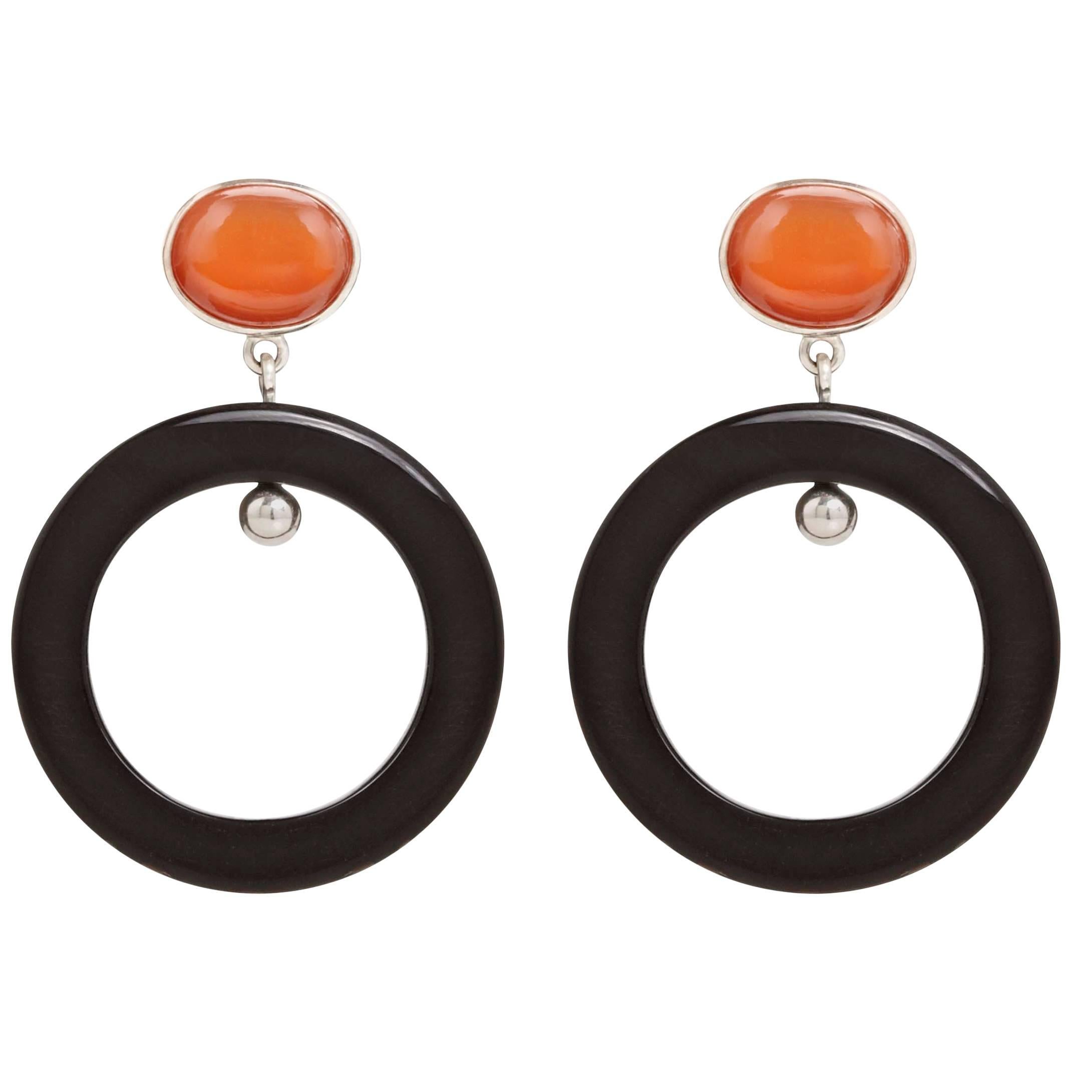 Fouché Hoop Dangle Earrings Carnelian Horn Silver For Sale