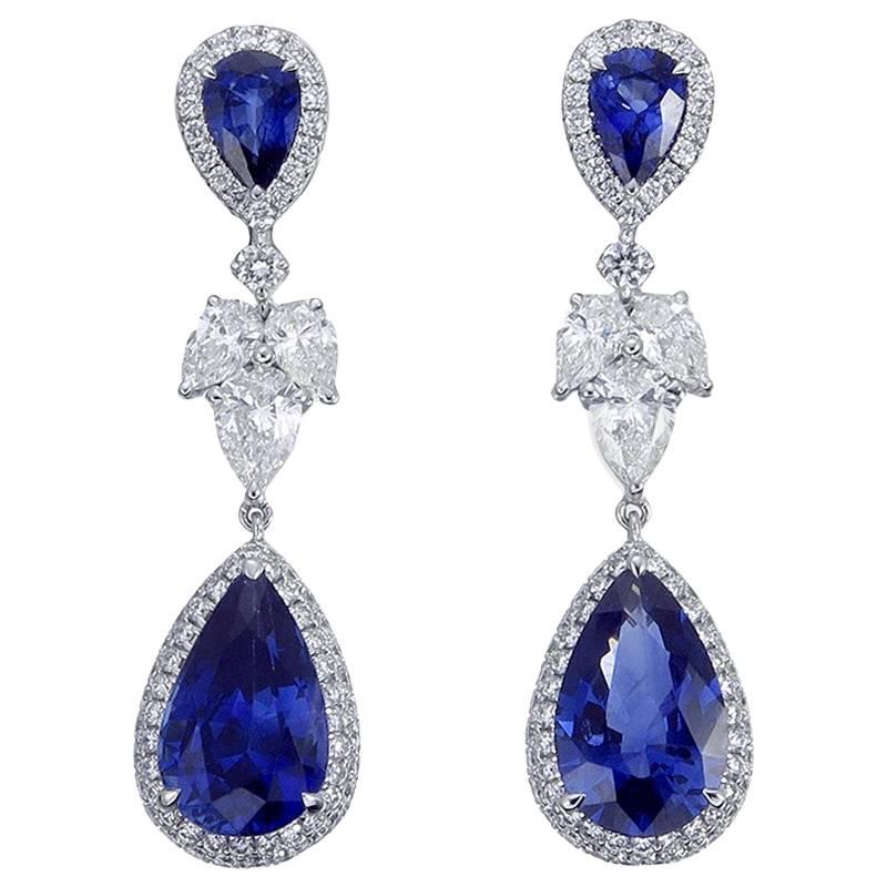 7.79 Carat Pear Ceylon Blue Sapphire Diamond 18 Karat Gold Drop Earrings For Sale