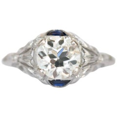 Antique GIA Certified 1.20 Carat Diamond and Sapphire Platinum Engagement Ring