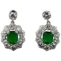 Spectacular Vintage 2.00 Carat Emerald 4.50 Carat Diamond Platinum Earrings