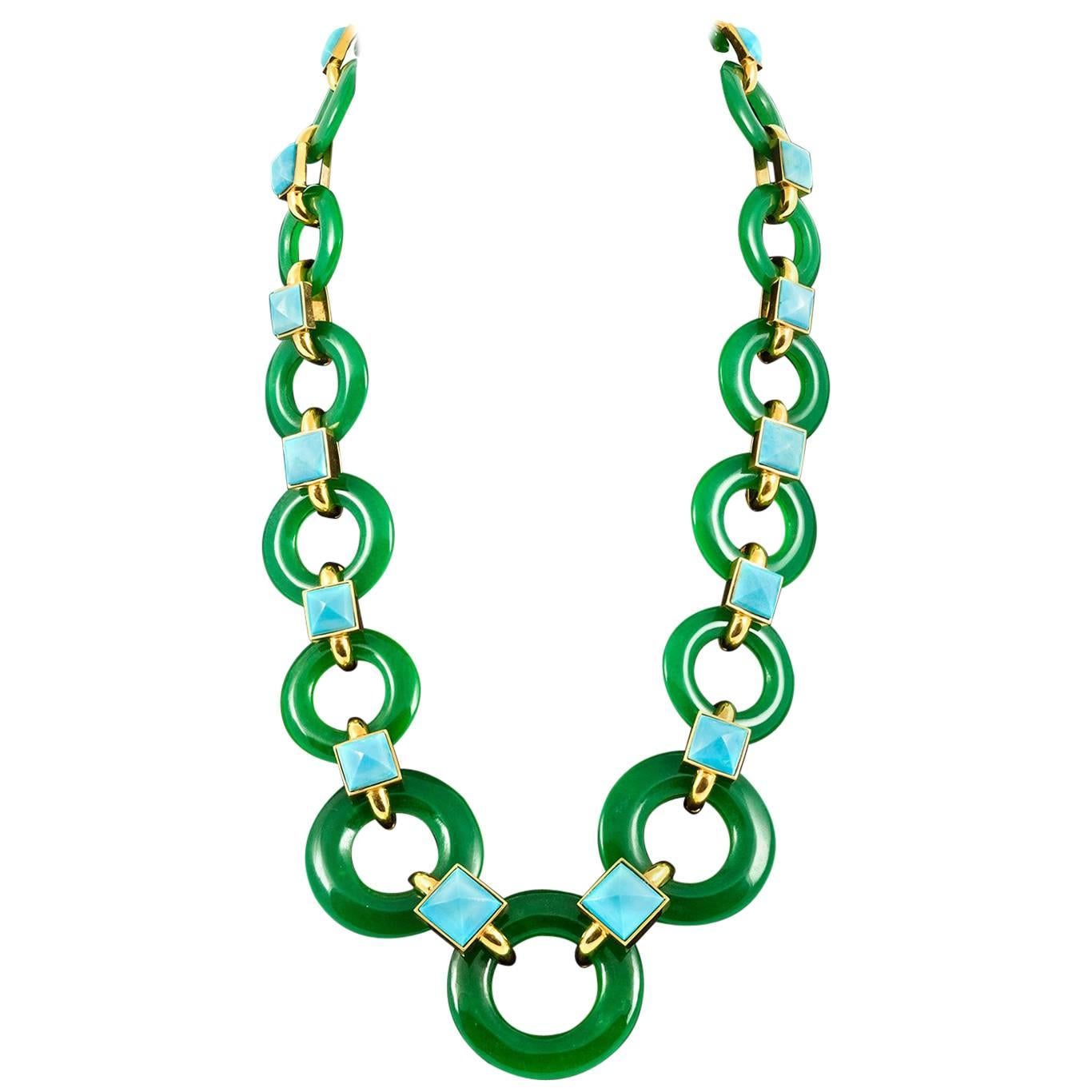 1970s Aldo Cipullo Green Chalcedony and Turquoise Necklace