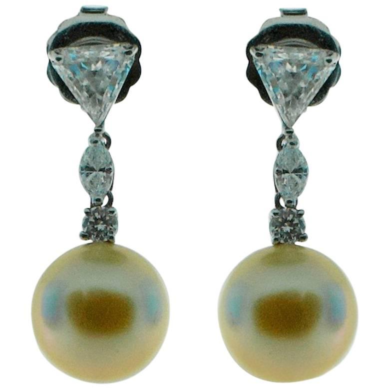 Golden South Sea Pearl and Diamond Earrings in 18 Karat Gold