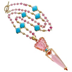 Antique Venetian Glass Medusa Intaglio Cameo Pink Sapphire Turquoise Quatrefoil Necklace