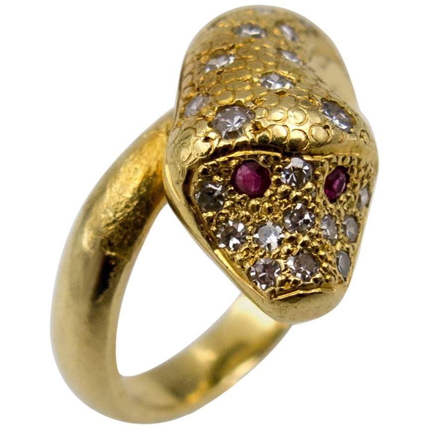18 Karat Gold Ruby Diamond Snake Ring