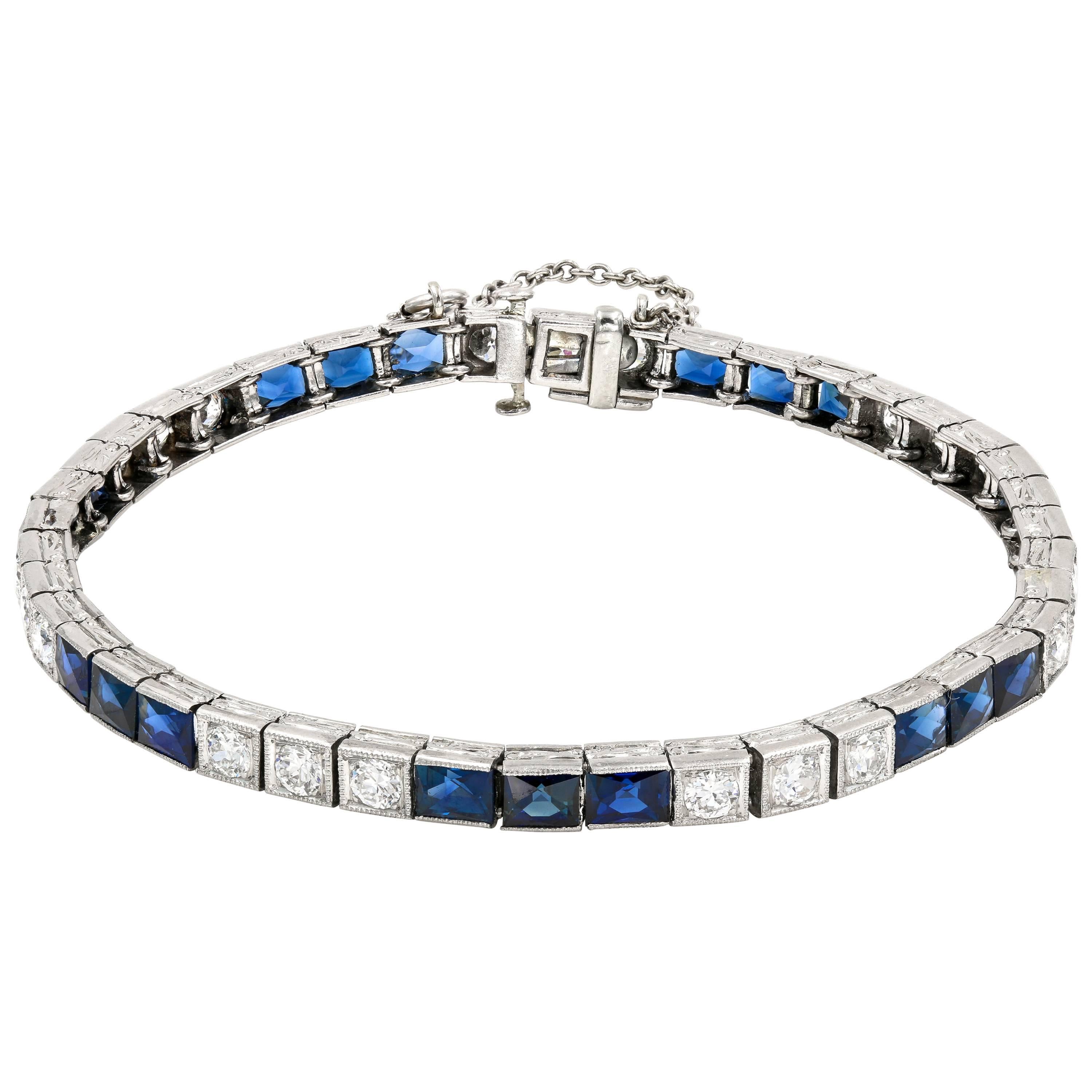 Art Deco Diamond and Natural Blue Sapphire Tennis Bracelet