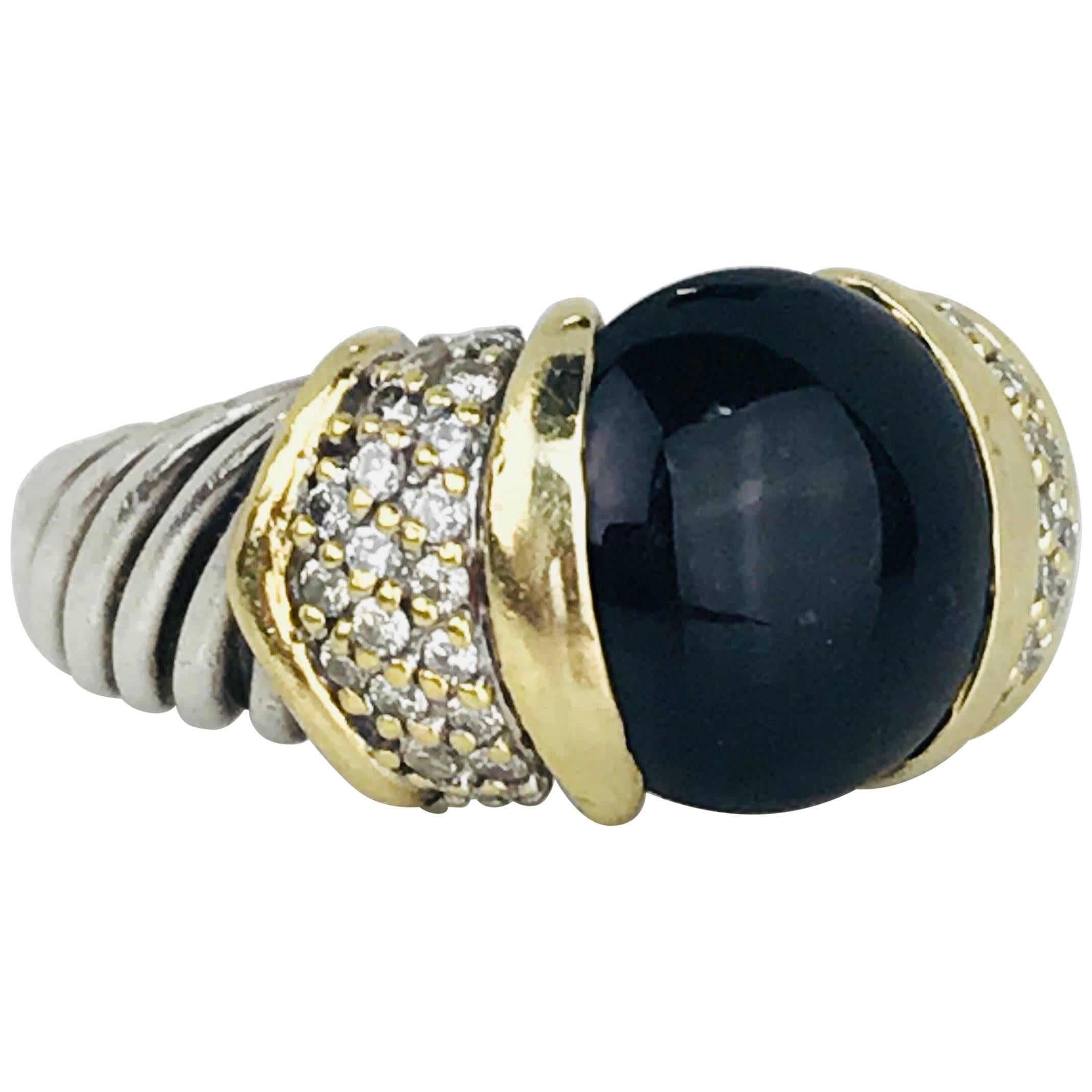 David Yurman Diamond and Black Onyx Two-Tone 18 Karat Gold Sterling Cable Ring For Sale