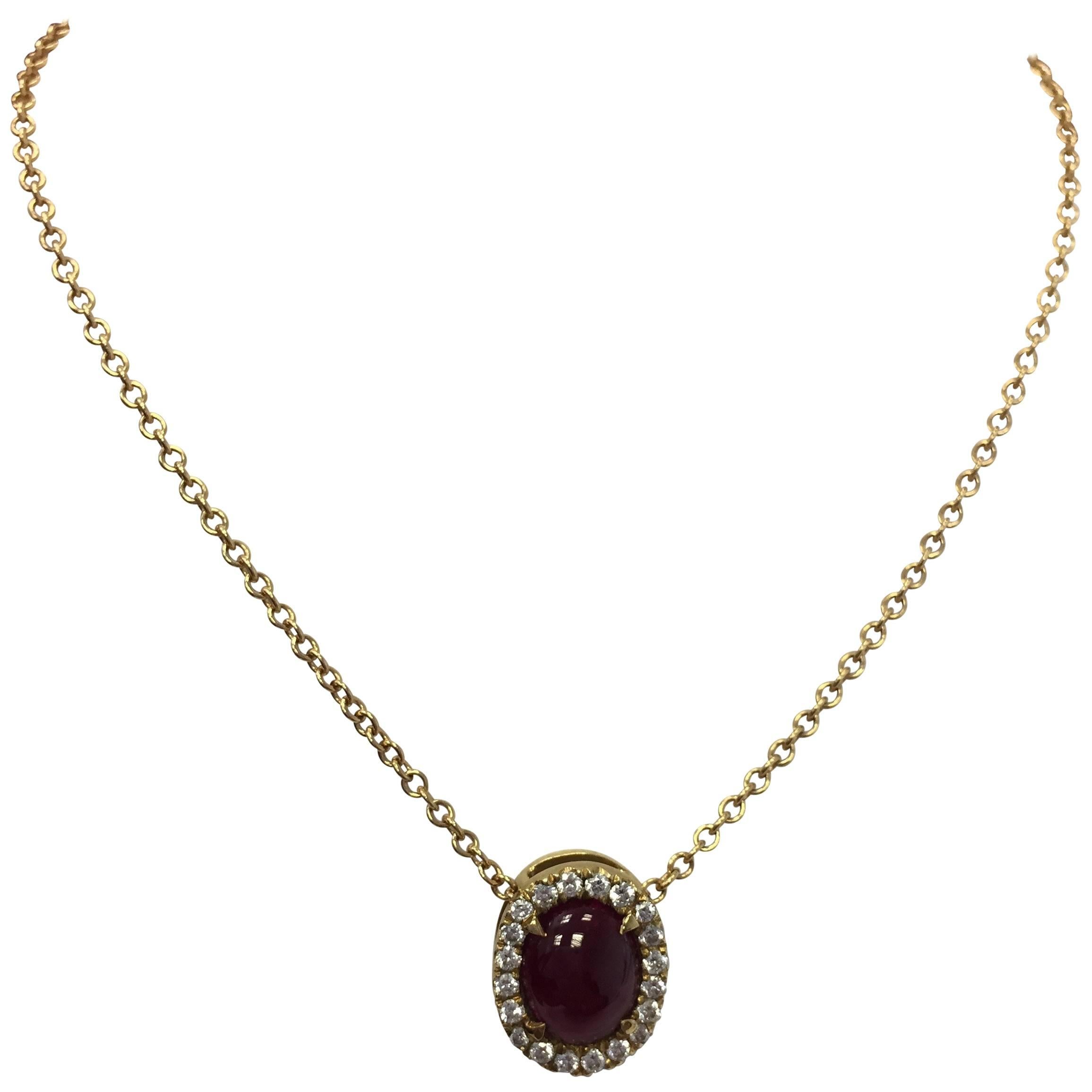 Oval Ruby Cabochon and Diamond Pendant Necklace in 18 Karat Yellow Gold