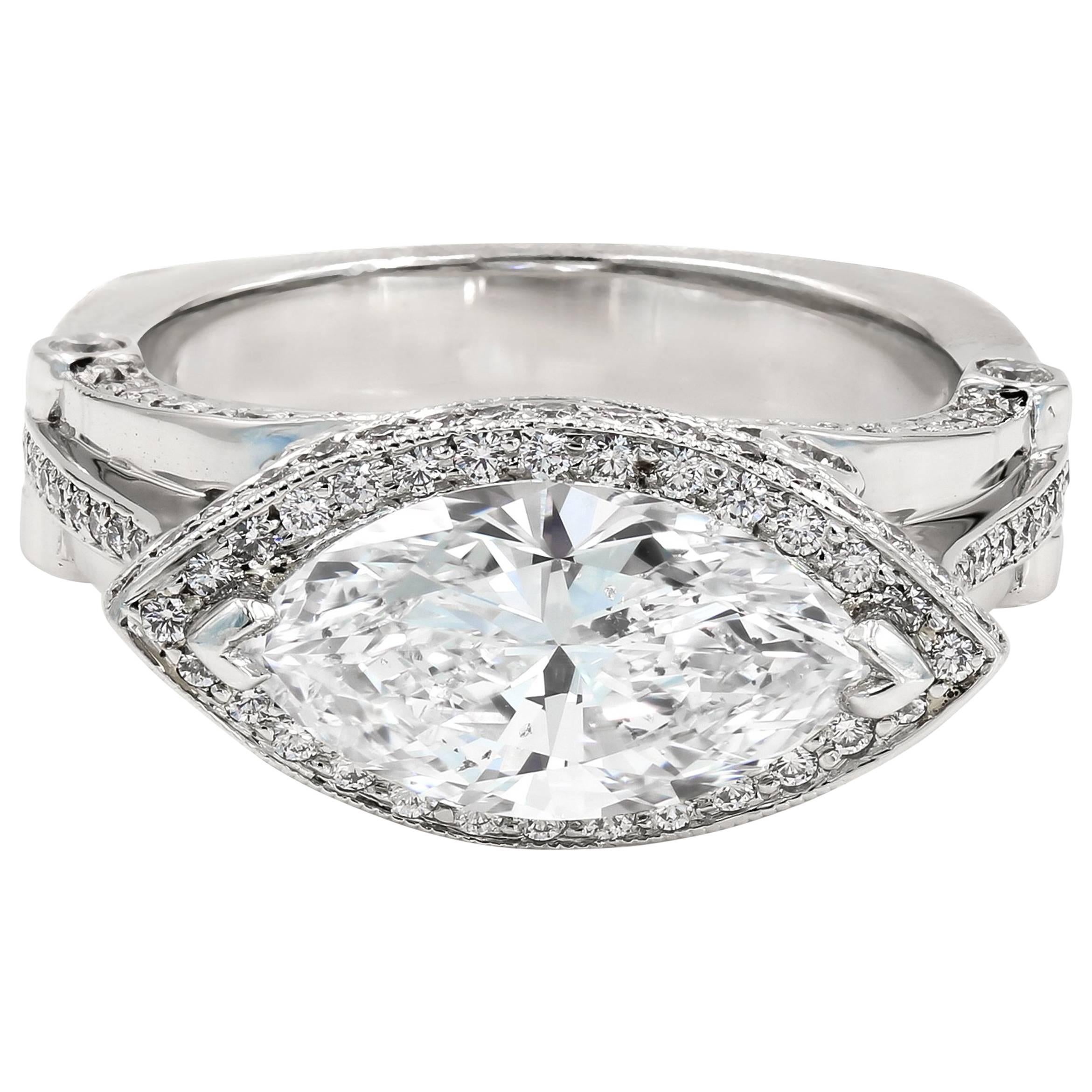 GIA Certified 2.54 Carat Marquise Cut Halo Set Diamond Ring