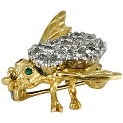 Yellow Gold Diamond Bee with 1/2 Carat Diamonds and Emerald Eyes, Brooch or Pin