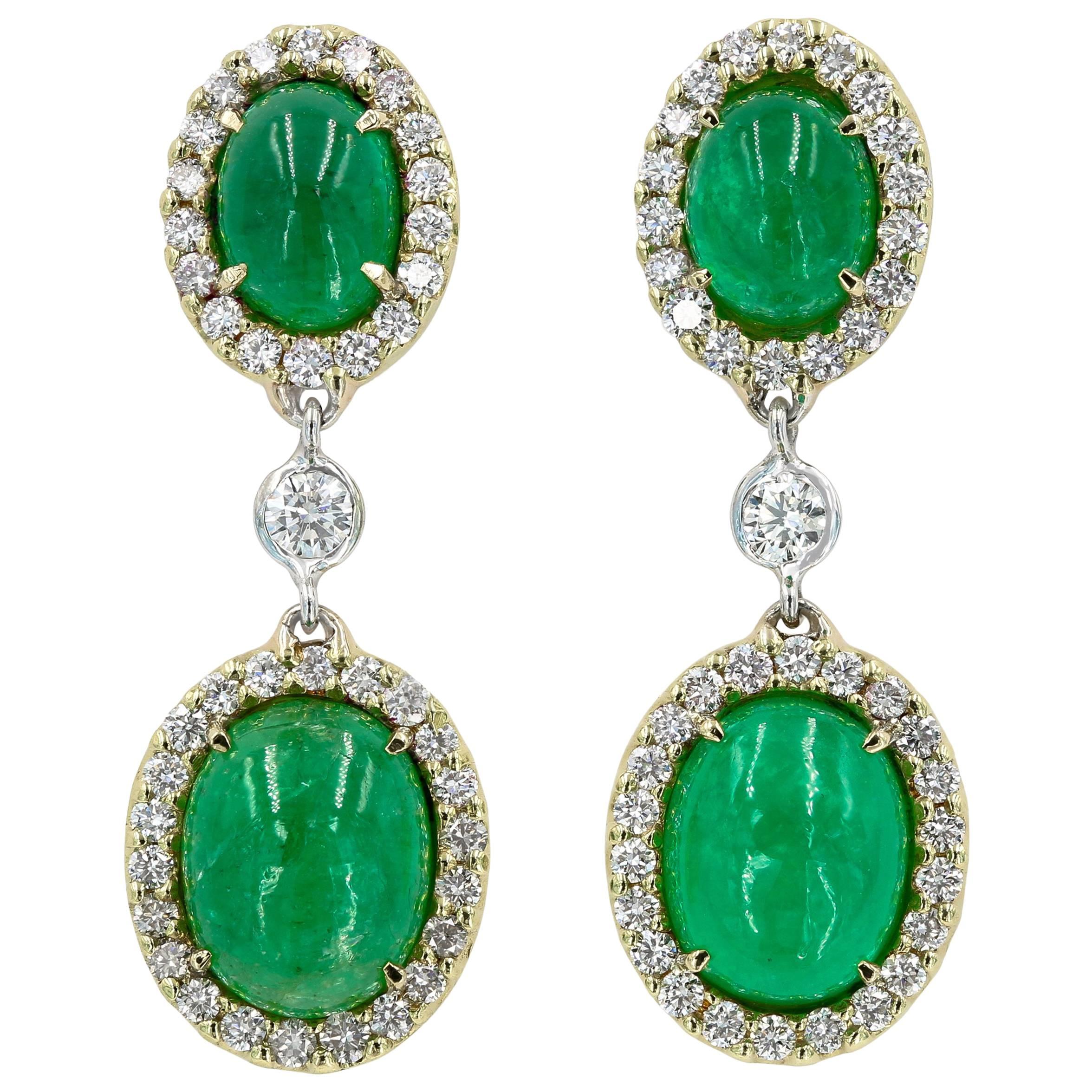 Cabochon Emerald and Diamond Earrings in 18 Karat Yellow Gold For Sale