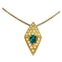 Art Deco Style Yellow Gold Pendant, Chatham Emerald, CZ's and Chain, circa 1970