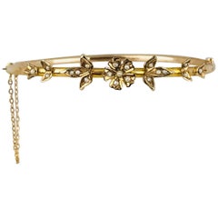 Antique Victorian, Bangle Bracelet, Yellow Gold, Seed Pearl, Floral Motif, circa 1840