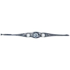 Sterling Victorian, Pearl Bar Pin, circa 1870 with Clear Centre