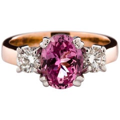 Kian Design 18 Carat Three Stones Certified Oval Pink Sapphire and Diamond Ring