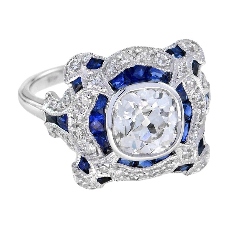 Art Deco Style GIA Certified 1.52 Carat Diamond Sapphire Ring in 18K White Gold