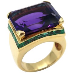 16.168 Carat Rectangle Amethyst Emerald Gold Ring