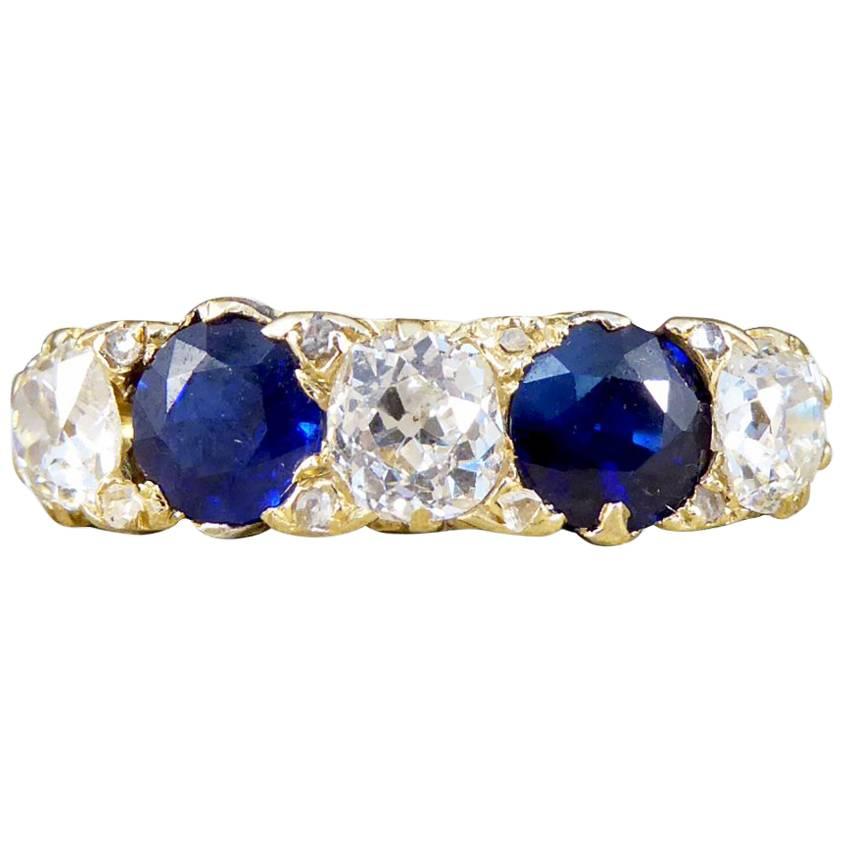 Late Victorian Sapphire and Diamond Five-Stone 18 Carat Gold Ring