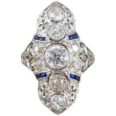 Art Deco Plaque Diamond and Sapphire 18 Carat Gold Ring