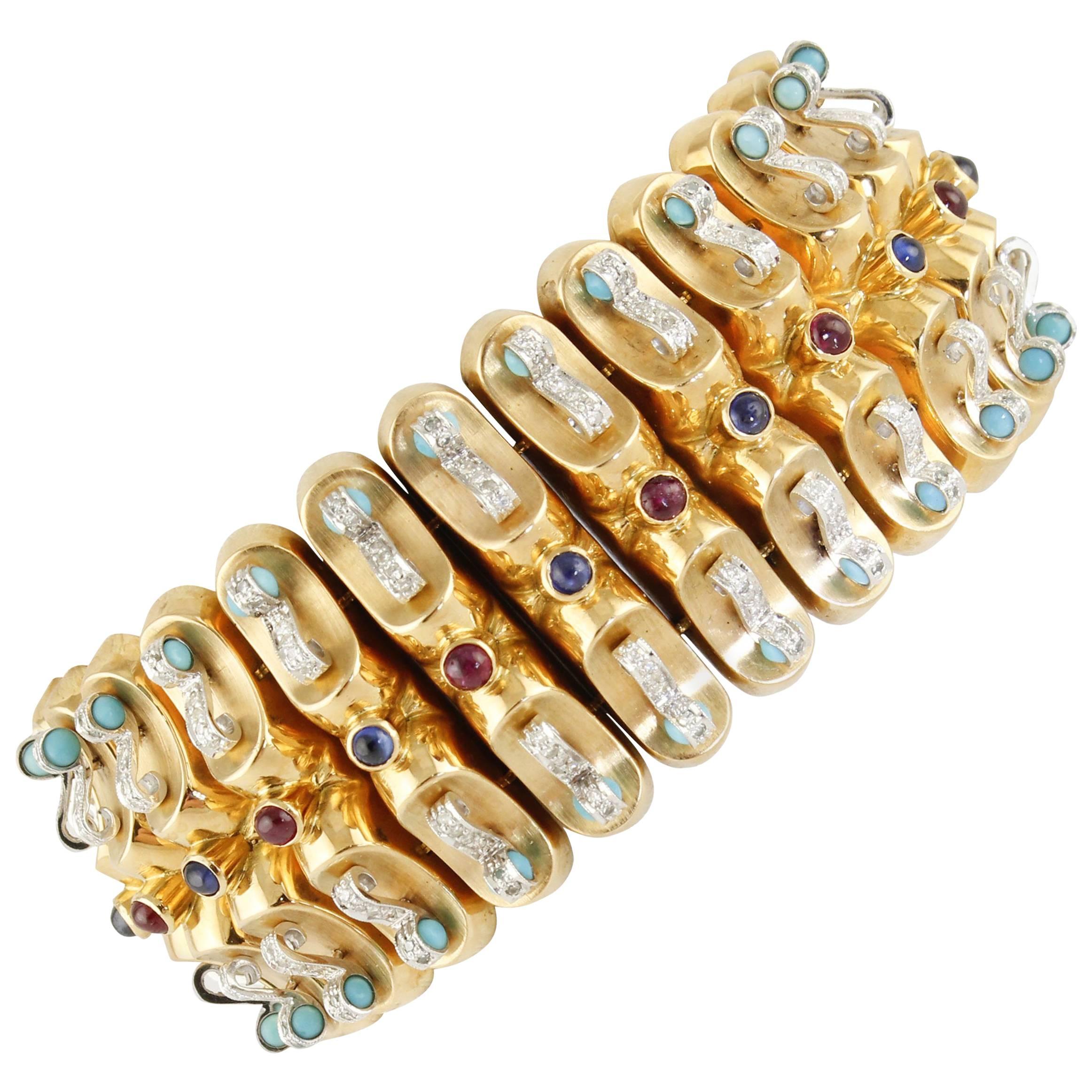 Rubies Blue Sapphires Turquoise Diamonds Yellow Gold Band Bracelet For Sale