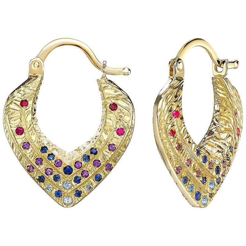 Venyx 18 Karat Gold Sapphire Amethyst Colored Stone Bear Paw Heart Earrings For Sale