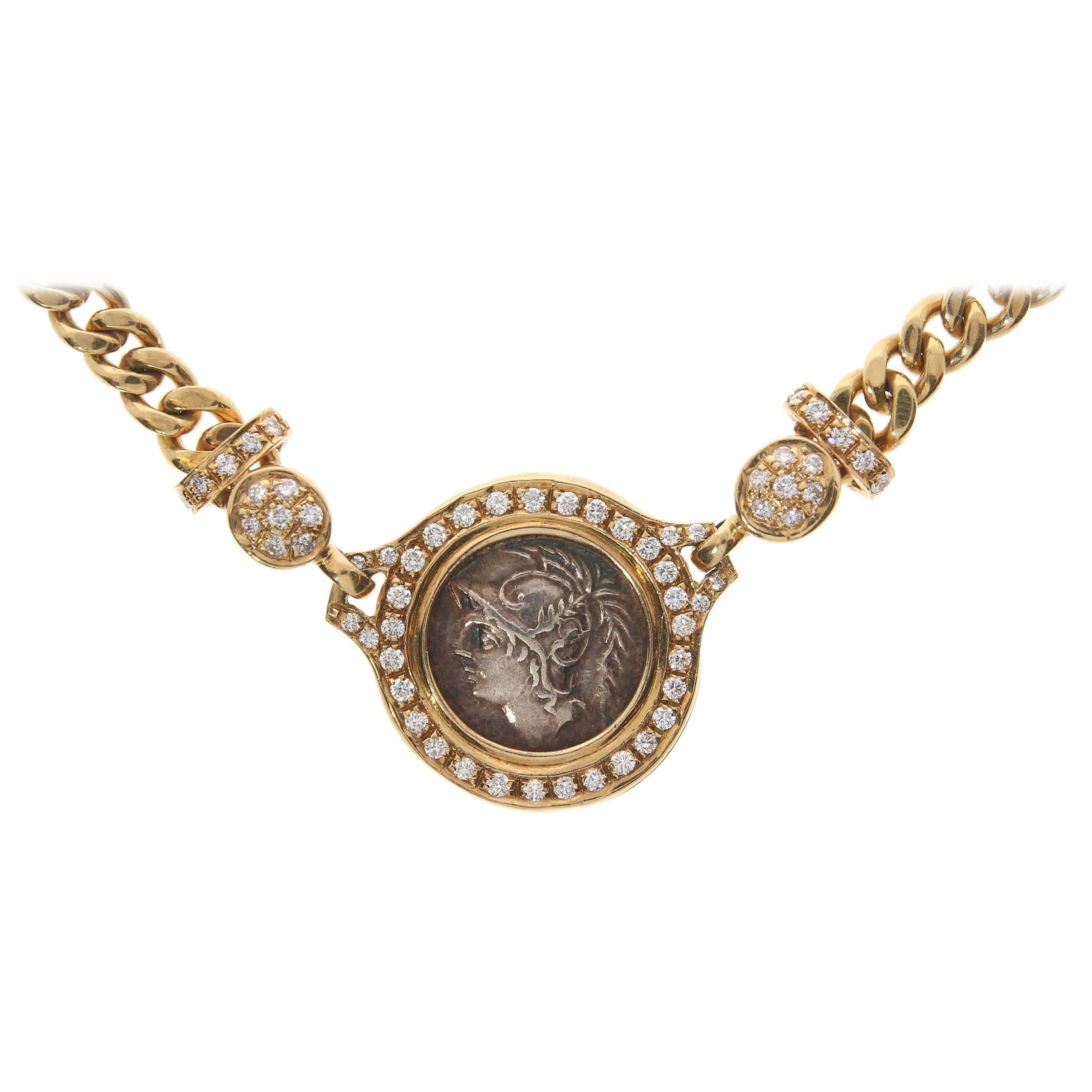 Roman Yellow Gold Coin Chain Necklace with Diamonds, circa 1980 For Sale