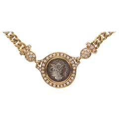 Roman Yellow Gold Coin Chain Necklace with Diamonds, circa 1980