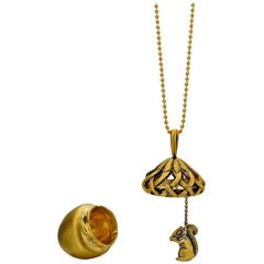 Wendy Brandes Mechanical Fall Oak Acorn and Squirrel Animal Gold Locket Necklace