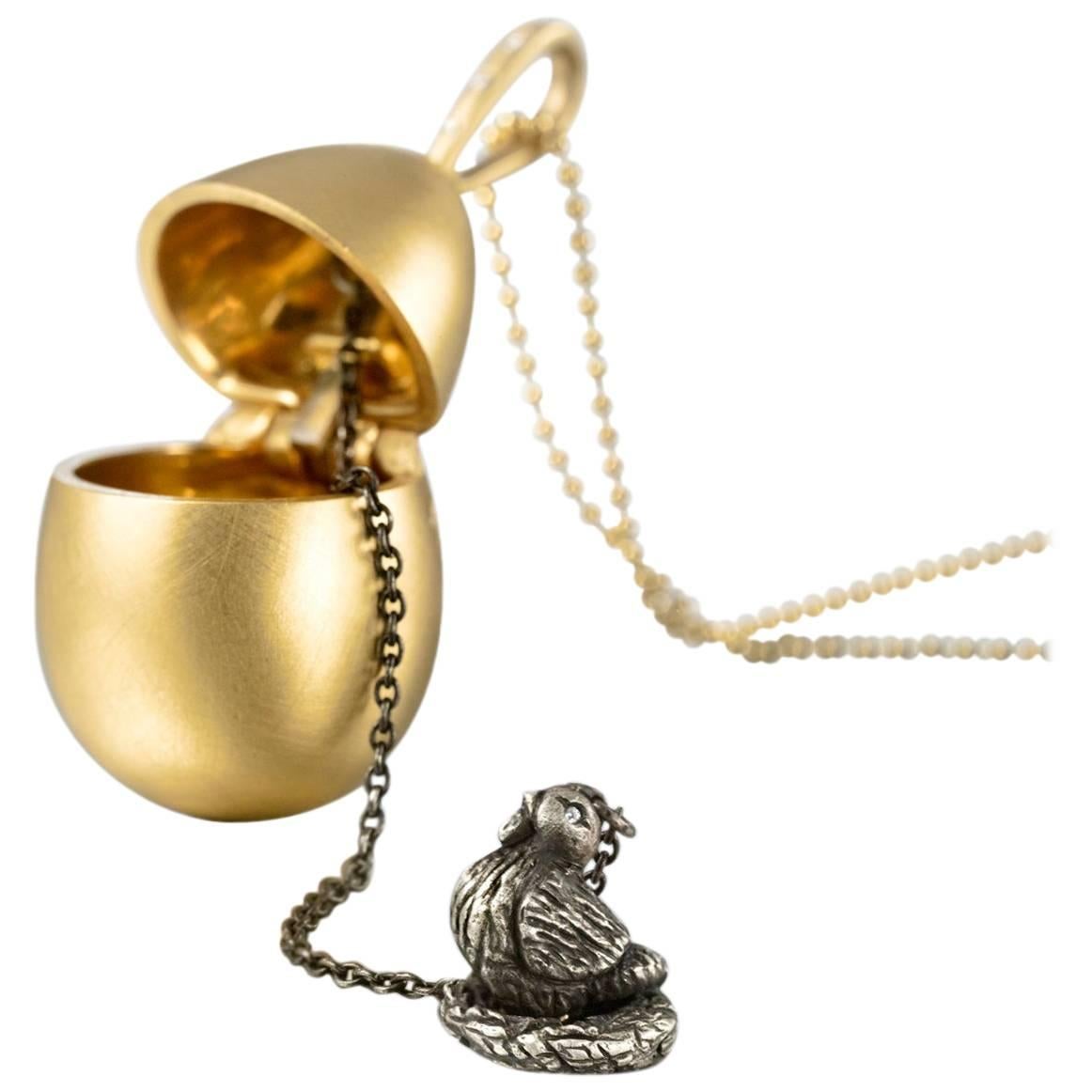 Wendy Brandes Mechanical Chicken and Egg Gold Locket Necklace