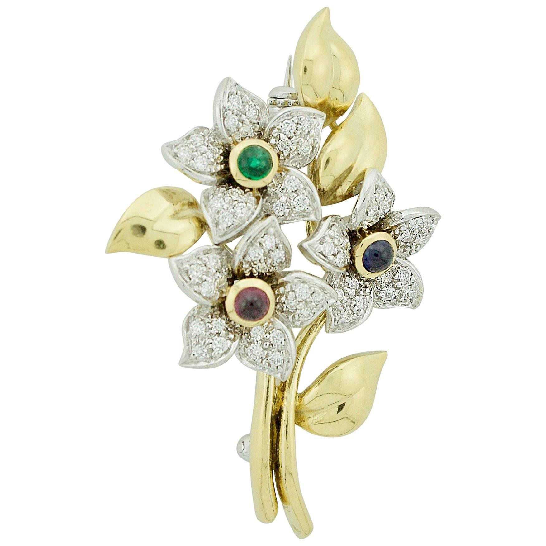 Multicolored Flower Diamond, Emerald, Sapphire and Ruby Brooch in 18 Karat