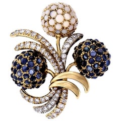 2.25 Carat Diamond Opal Sapphire Hydrangea Flower Gold Brooch