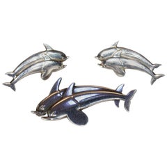 Vintage Georg Jensen Dolphins Brooch Earring Set Sterling Silver