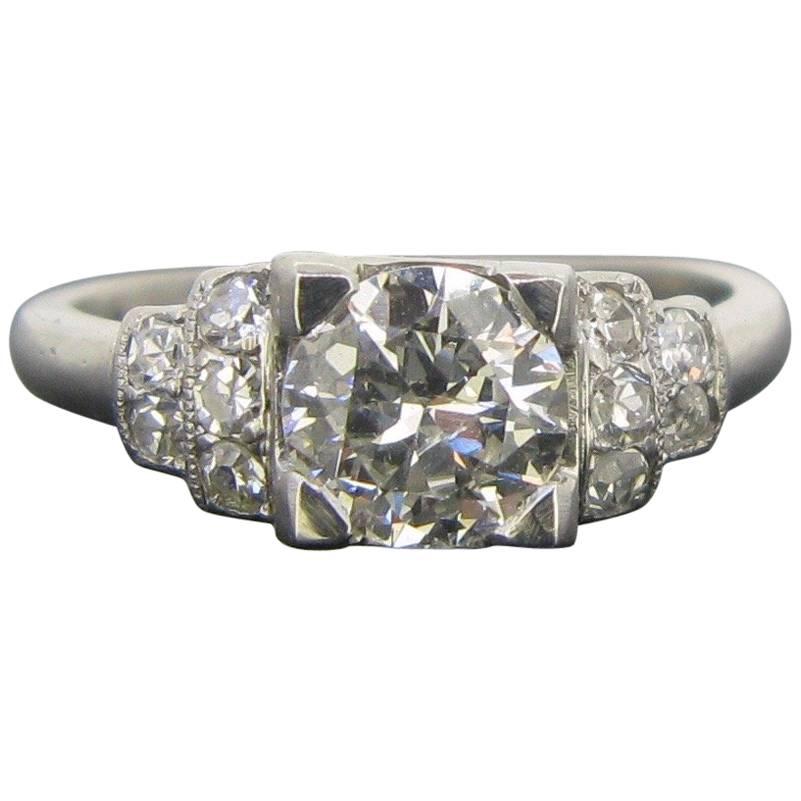 French Art Deco 1ct Diamond Platinum Engagement Band Ring