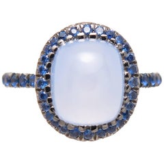 Cabochon Chalcedony and Sapphire Ring 18 Karat White Gold